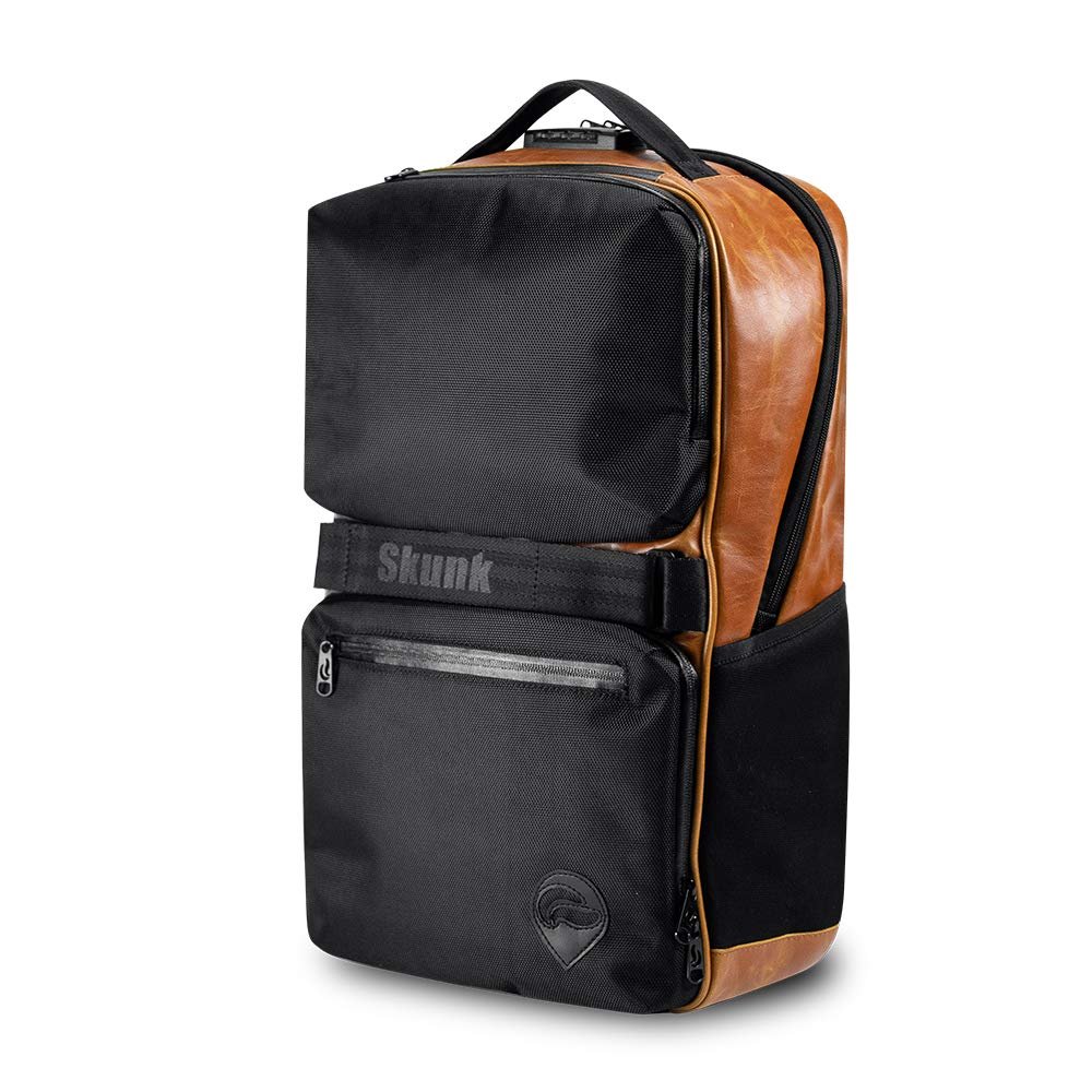 Skunk SoHo Backpack - Smell Proof - Weather Resistant - With Combination Lock (Black/Brown Leather)