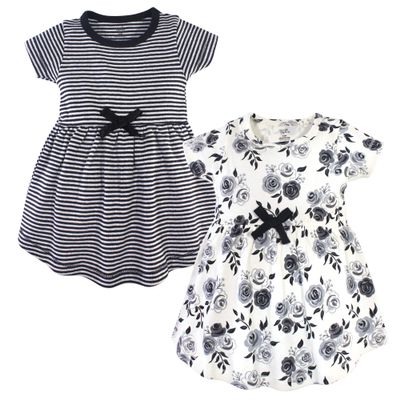 Touched by Nature baby girls Organic Cotton Short-sleeve and Long-sleeve Dresses Casual Dress, Toddler Black Floral Short Sleeve, 3T US