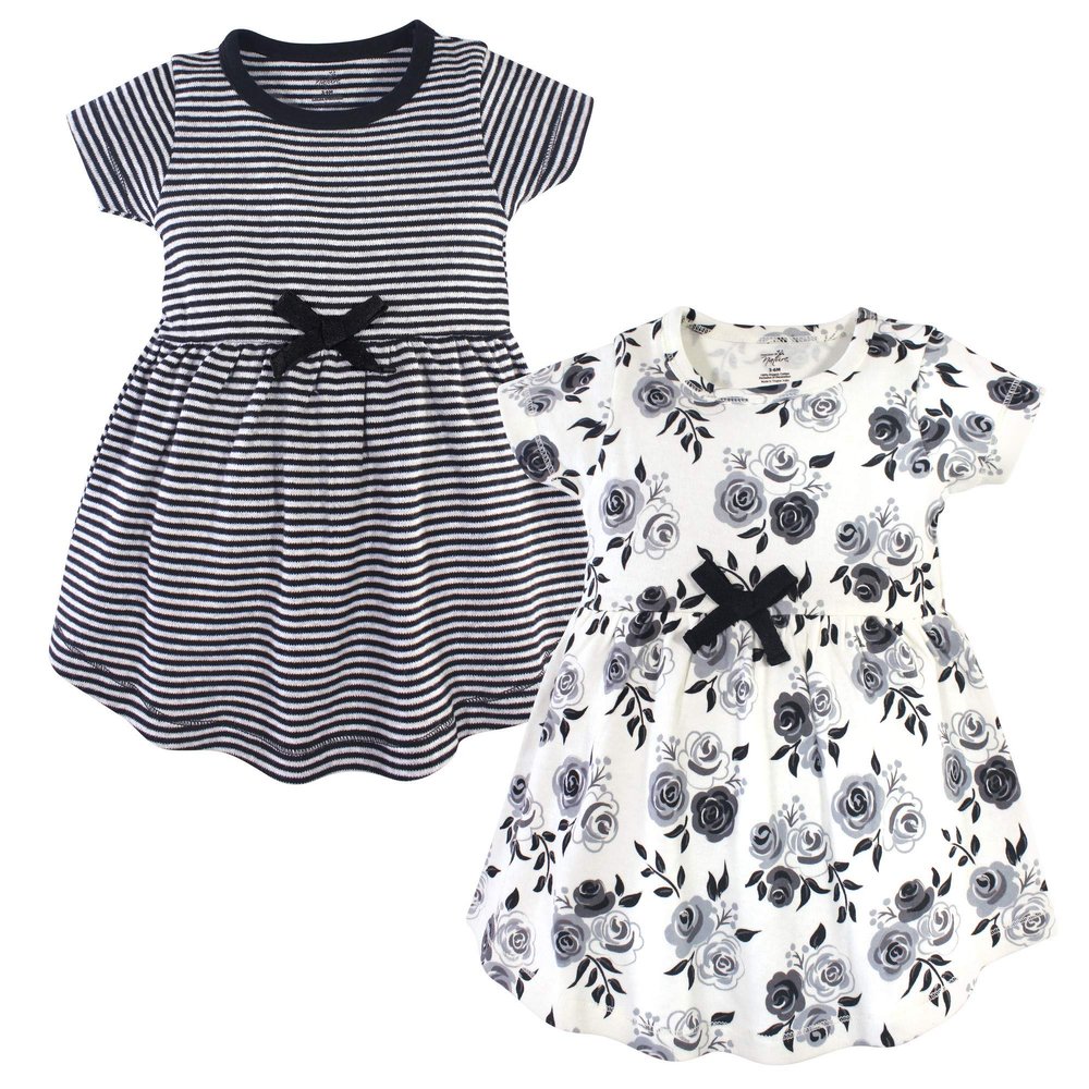 Touched by Nature baby girls Organic Cotton Short-sleeve and Long-sleeve Dresses Casual Dress, Toddler Black Floral Short Sleeve, 3T US