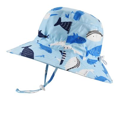 Baby Sun Hat Adjustable - Toddler Kids Beach Pool Bucket UPF 50+ Wide Brim Chin Strap Summer Play Hat(Light Blue Whale,54/3-5 Years)