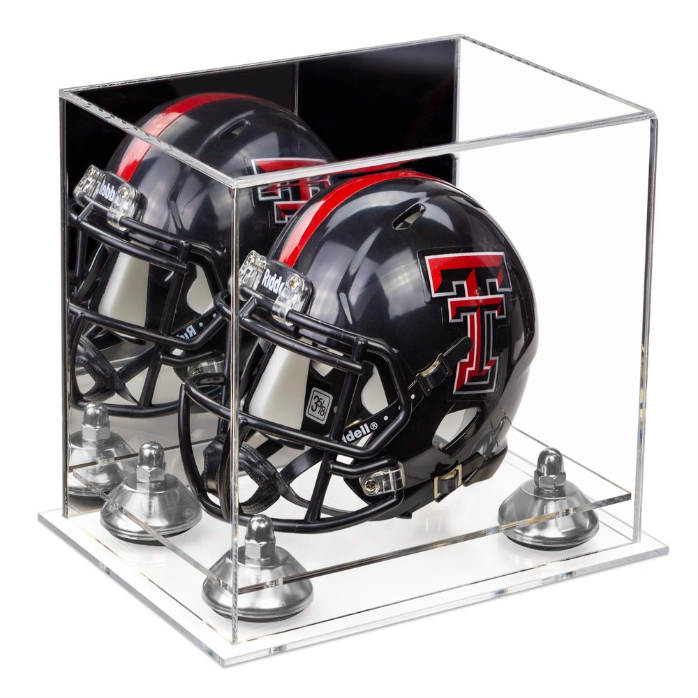 Better Display Cases Acrylic Mini - Miniature Football Helmet (not Full Size) Display Case with Mirror, Silver Risers and Clear Base (A003-SR)