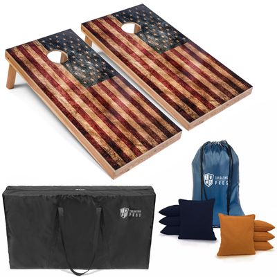 Tailgating Pros Rustic American Flag Cornhole Boards w/Bean Bags - 4'x2' Distressed Flag Cornhole Game w/Carrying Case & Corn Hole Bags