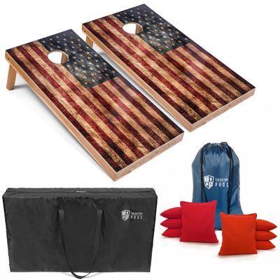 Tailgating Pros Rustic American Flag Cornhole Boards w/Bean Bags - 4'x2' Distressed Flag Cornhole Game w/Carrying Case & Corn Hole Bags