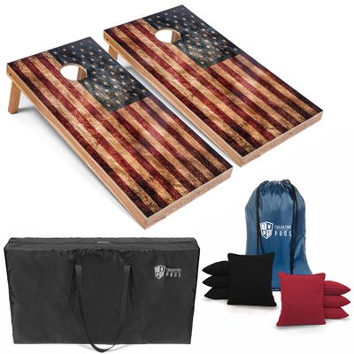Tailgating Pros Rustic American Flag Cornhole Boards w/Bean Bags - 4'x2' Distressed Flag Cornhole Game w/Carrying Case & Corn Hole Bags