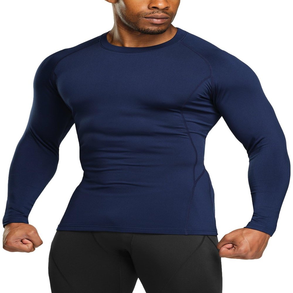 TSLA Men's Thermal Long Sleeve Compression Shirts, Athletic Base Layer Top, Winter Gear Running T-Shirt, Heatlock Round Neck Navy, X-Large