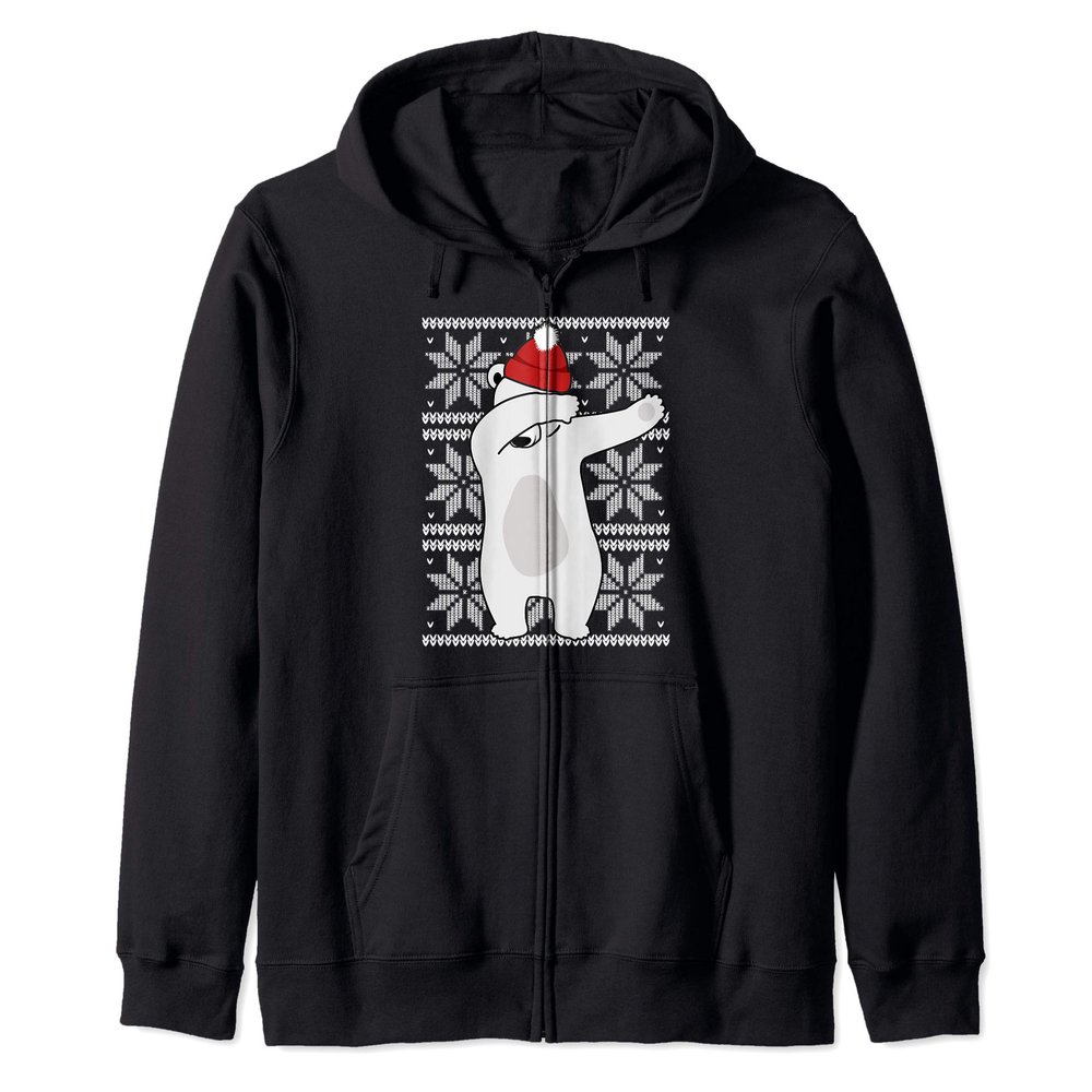 Ugly Christmas Polar Bear Santa Hat Dab Cute Women Men Gift Zip Hoodie