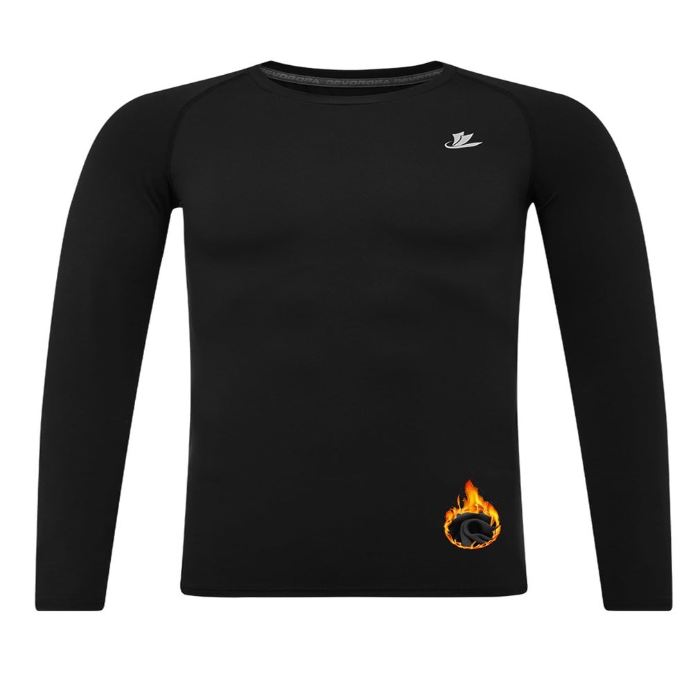 DEVOROPA Youth Boys Compression Thermal Shirt Long Sleeve Kids Fleece Baselayer Soccer Baseball Undershirt Black XS