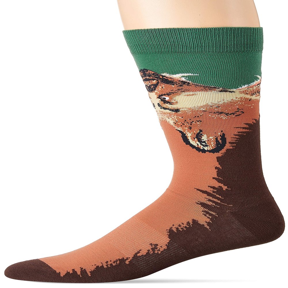 Men's K. Bell Casual Animal Novelty Crew Socks, Grizzly Bear (Green), Shoe Size: 6-12