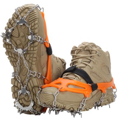 Crampons 19 Spikes with Stainless Steel Chain Ice Snow Grips Traction Cleats System Safe Protect for Walking, Jogging, Climbing, Hiking on Snow and Ice, Boots Chains for Women Men (Orange, Medium)