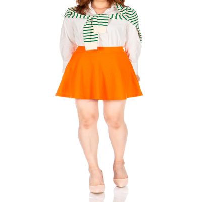 Basic Solid Stretchy Cotton High Waist A-line Flared Skater Mini Skirt (L, Orange)