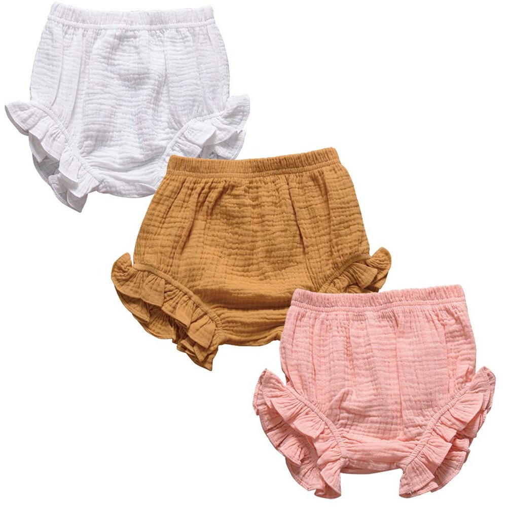 3PC Shorts Set Newborn Baby Girls Boys PP Pants Cotton Linen Blend Cute Floral Bloomer Triangle Shorts (B White+Yellow+Pink,2-3 Years)