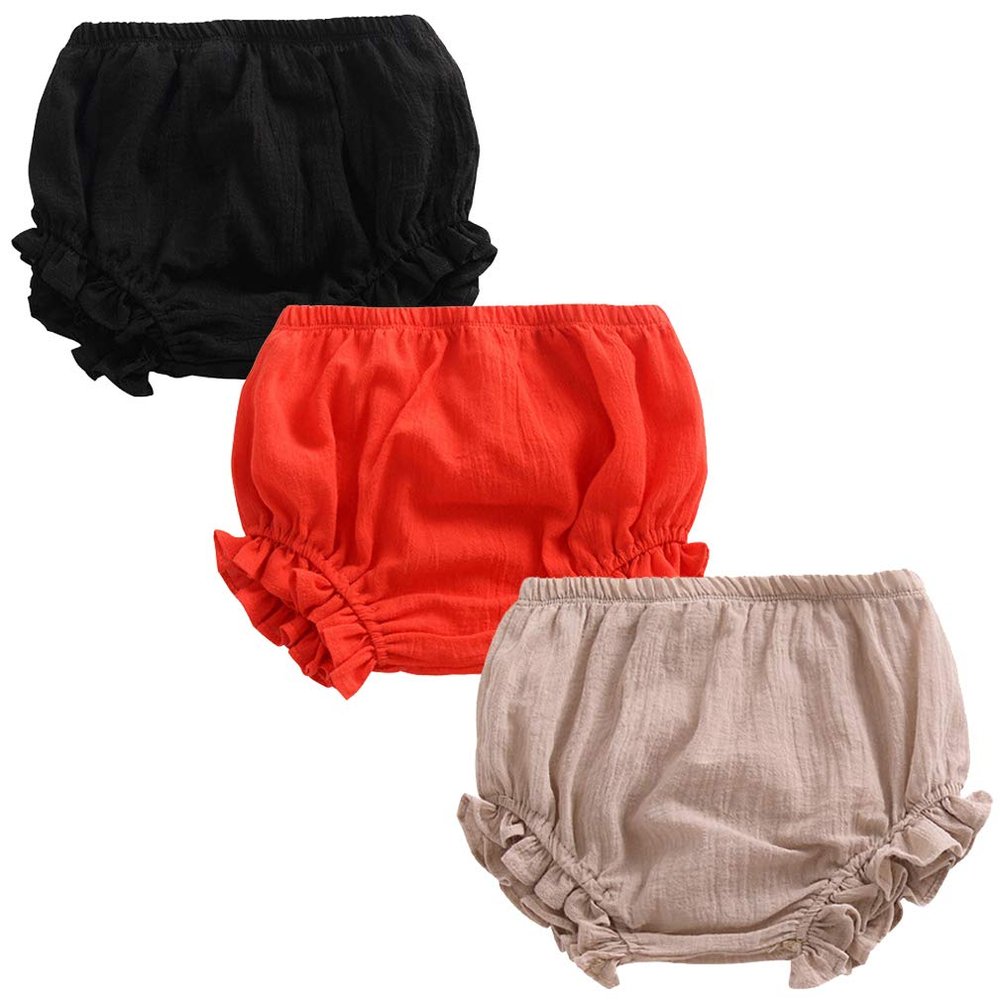 3PC Shorts Set Newborn Baby Girls Boys Pants Cotton Linen Blend Cute Floral Bloomer Triangle Shorts Diaper Cover (A Black+red+Khaki,12-24 Months)