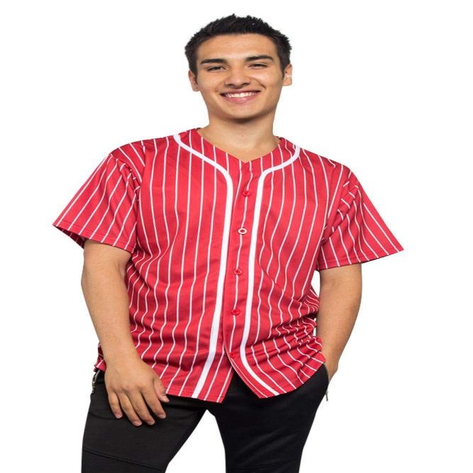 Men's Hipster Hip Hop Button Down Pin Striped Baseball Jersey Short Sleeve Shirt BJ44 - Red - 4X-Large