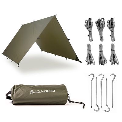 AquaQuest Guide Tarp  Ultralight Waterproof (5,000 mm) SeamTaped 40D Ripstop Rain Fly for Backpacking, Stealth Camping & ThruHiking  1310 Olive Drab Kit