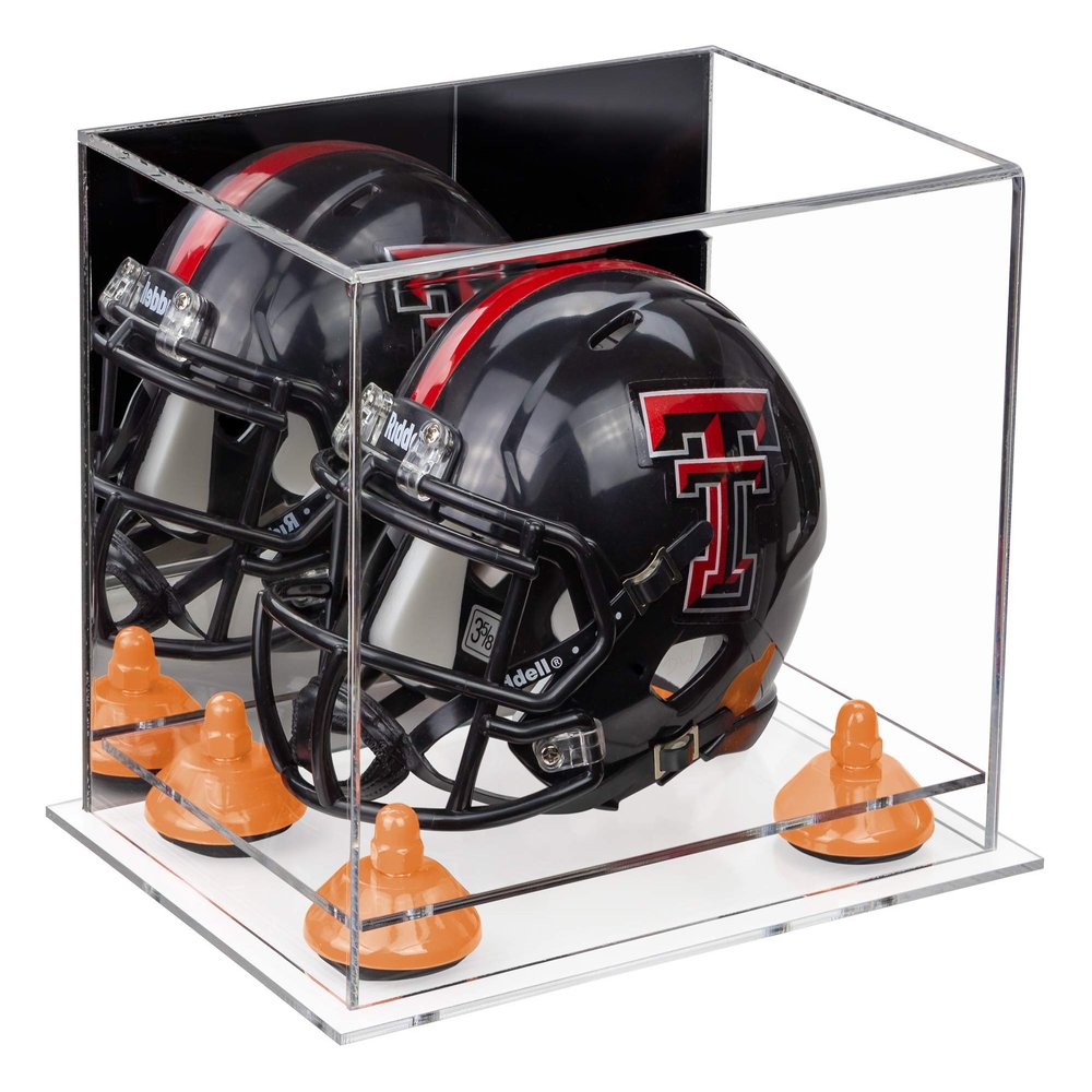 Better Display Cases Acrylic Mini - Miniature Football Helmet (not Full Size) Display Case with Mirror, Orange Risers and Clear Base (A003-OR)