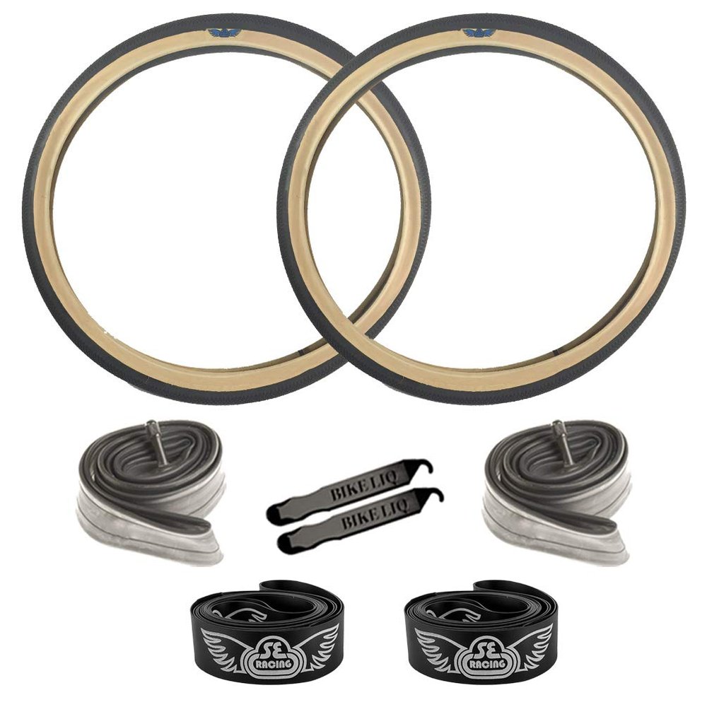 SE Bikes Speedster 29 Inch OEM BMX Durable Wire Bead Replacement Dirt Street Bike Tire Tube Rim Strip Lever Kit Bundle (Black Tan, 29)