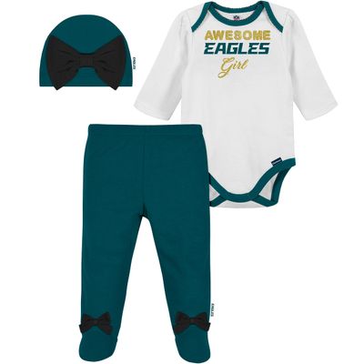 Gerber NFL Philadelphia Eagles 3 Pack Bodysuit Footed Pant and Cap Registry Gift Set, green/white Philadelphia Eagles, 0-3M