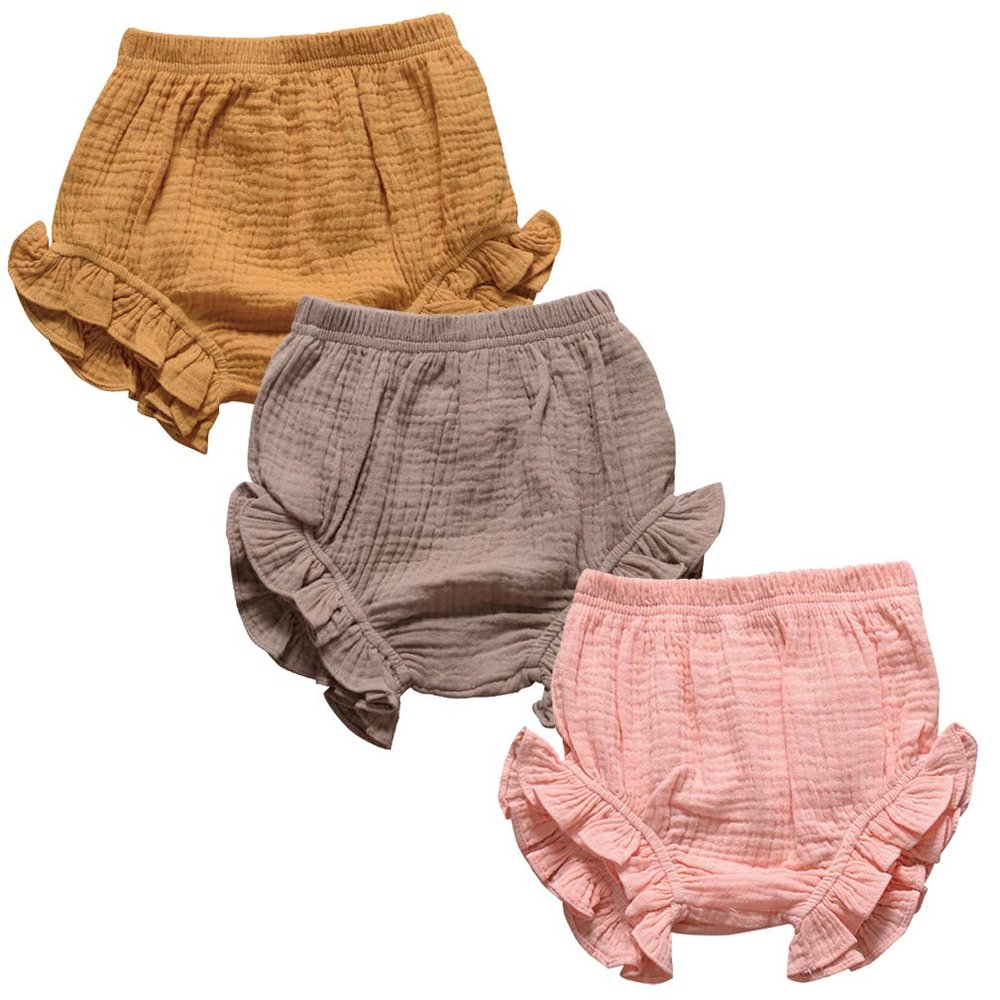 3PC Shorts Set Newborn Baby Girls Boys Pants Cotton Linen Blend Cute Floral Bloomer Triangle Shorts Diaper Cover (B Yellow+Khaki+Pink,12-24 Months)