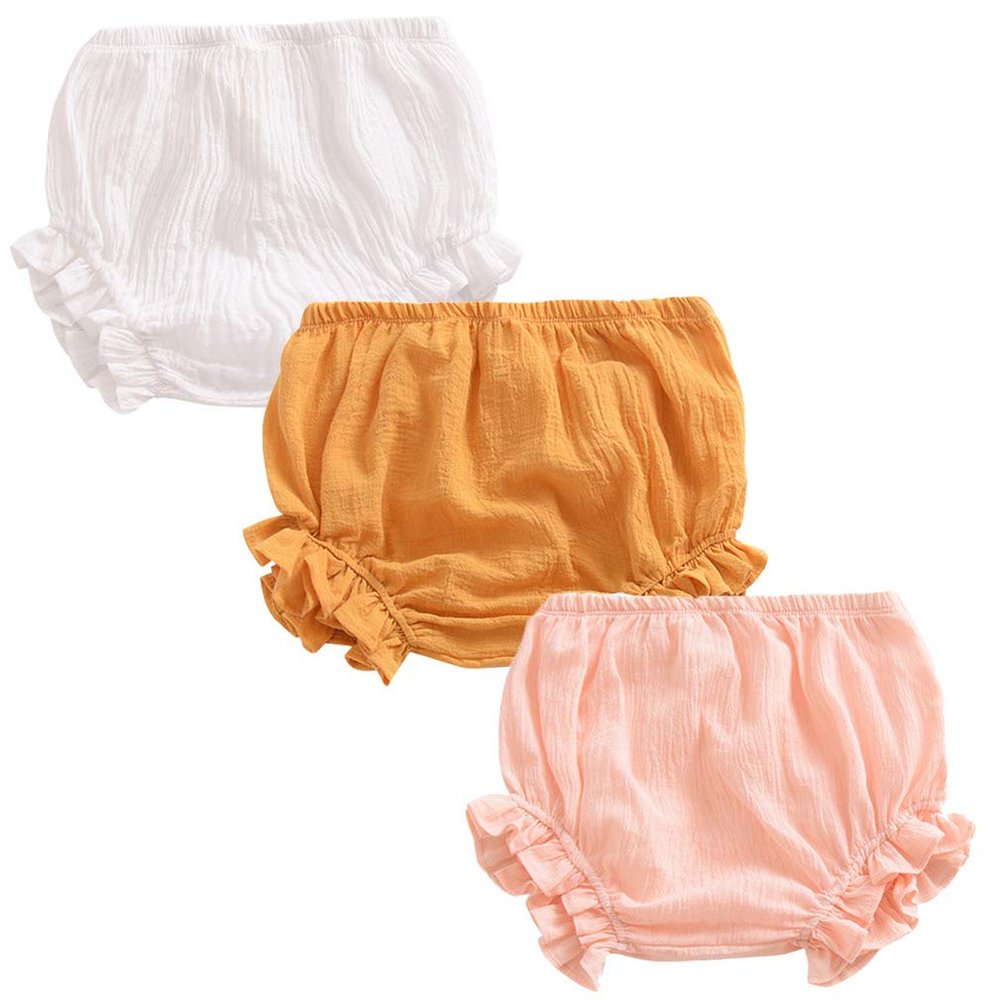 3PC Shorts Set Newborn Baby Girls Boys Pants Cotton Linen Blend Cute Floral Bloomer Triangle Diaper Cover Shorts (A White+Yellow+Pink,12-24 Months)