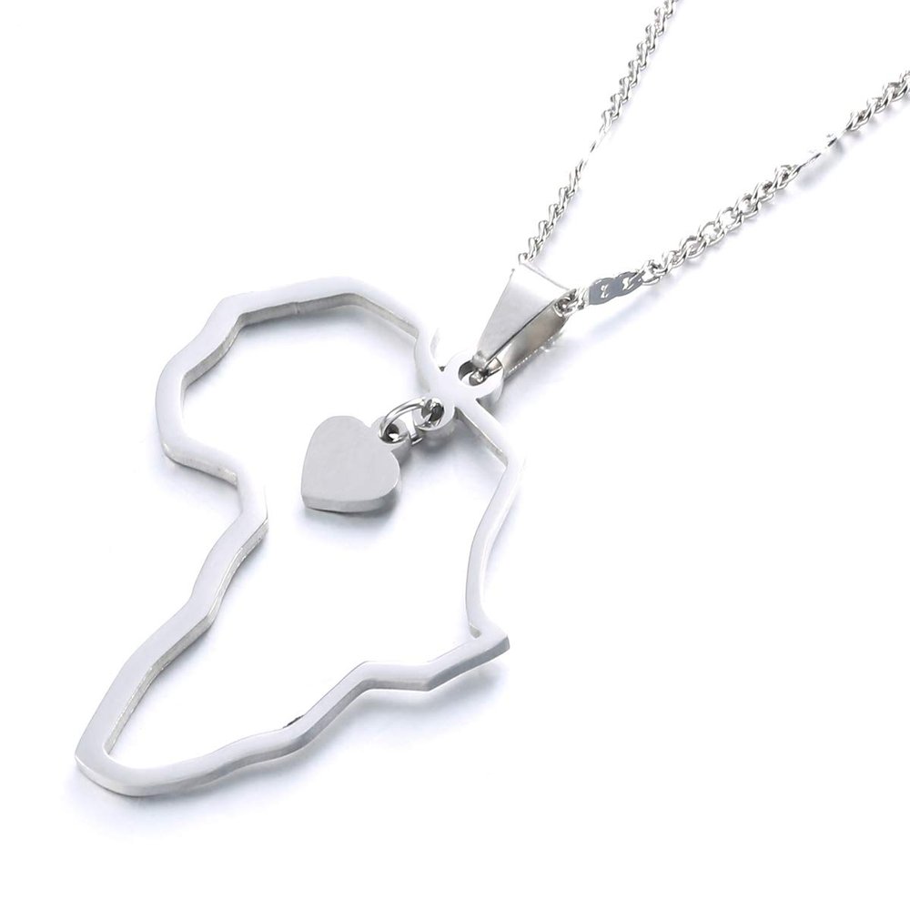 Africa Map Pendant Necklaces Heart African of Maps Jewelry Charms Heart Map (Silver)