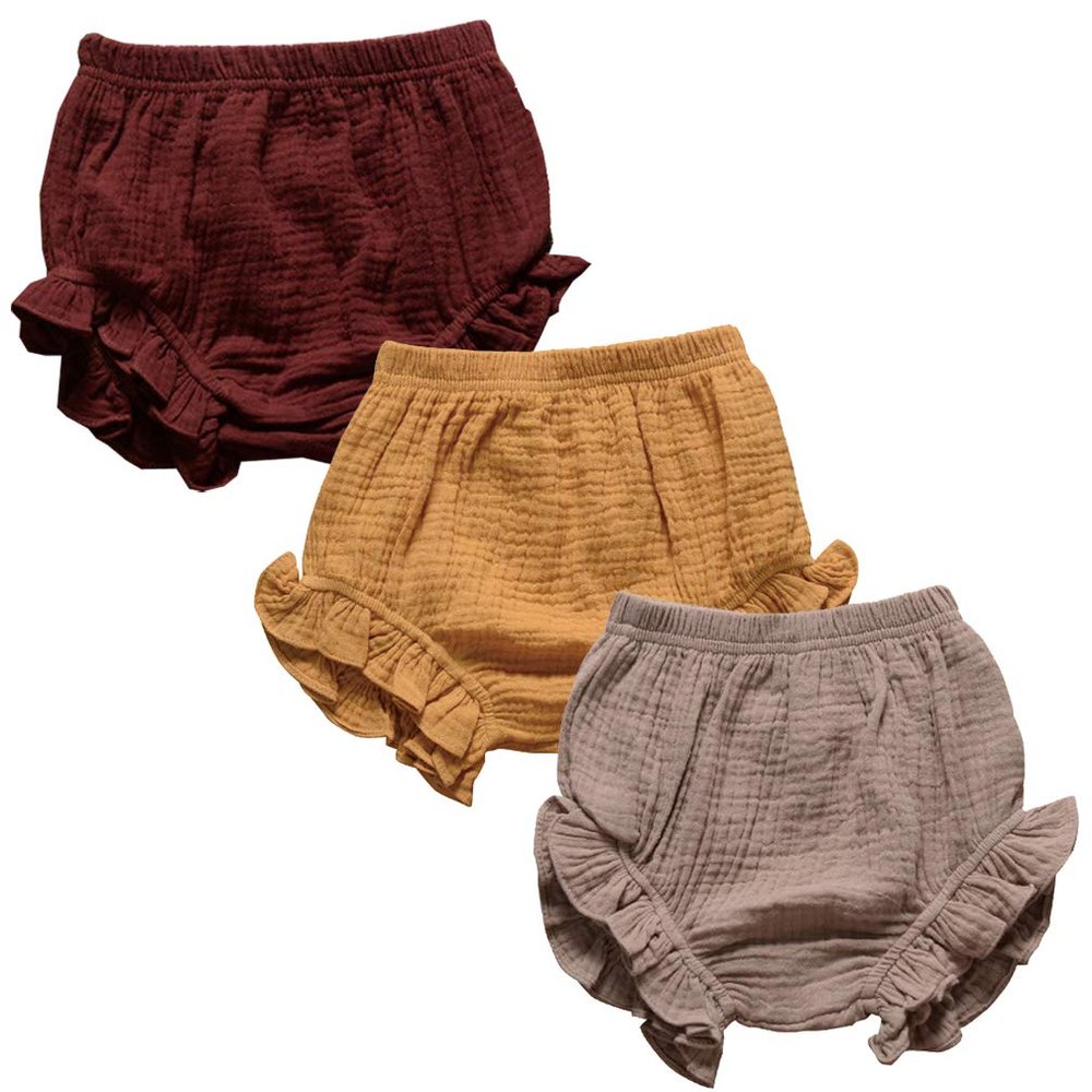 3PC Shorts Set Newborn Baby Girls Boys Pants Cotton Linen Blend Cute Floral Bloomer Triangle Pants Infant Diaper Cover (B Coffe+Yellow+Khaki,2-3 Years)