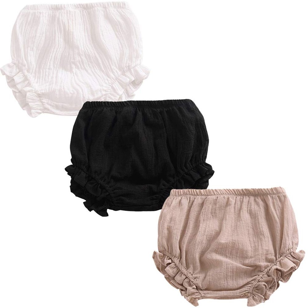 3PC Shorts Set Newborn Baby Girls Boys Bloomer Pants Cotton Linen Blend Cute Floral Triangle Shorts Diaper Cover (A White+Black+Khaki,12-24 Months)