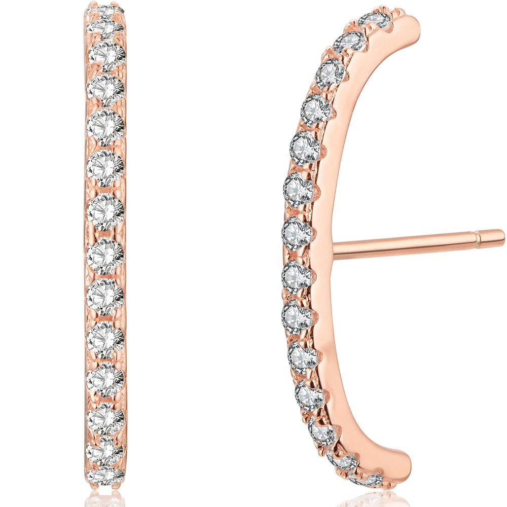 18K Rose Gold Plated Sterling Silver Paved Gemstone Curved Bar Ear Cuffs Suspender Earrings CZ Huggie Earrings
