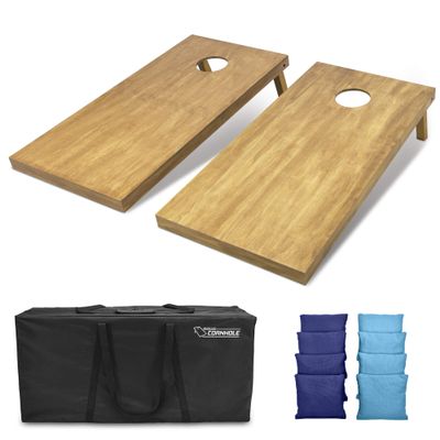 GoSports 4 ft x 2 ft Regulation Size Wooden Cornhole Boards Set with Light Brown Finish - Includes Carrying Case and Bean Bags - Navy Blue & Light Blue