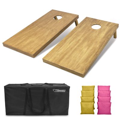 GoSports 4 ft x 2 ft Regulation Size Wooden Cornhole Boards Set with Light Brown Finish - Includes Carrying Case and Bean Bags - Gold & Pink