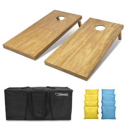 GoSports 4 ft x 2 ft Regulation Size Wooden Cornhole Boards Set with Light Brown Finish - Includes Carrying Case and Bean Bags - Yellow & Light Blue