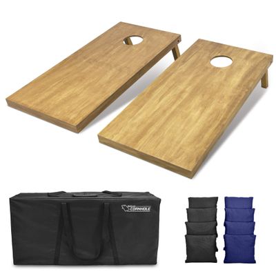 GoSports 4 ft x 2 ft Regulation Size Wooden Cornhole Boards Set with Light Brown Finish - Includes Carrying Case and Bean Bags - Black & Navy Blue