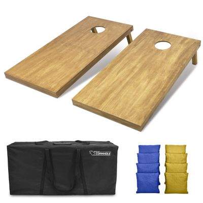 GoSports 4 ft x 2 ft Regulation Size Wooden Cornhole Boards Set with Light Brown Finish - Includes Carrying Case and Bean Bags - Royal Blue & Gold