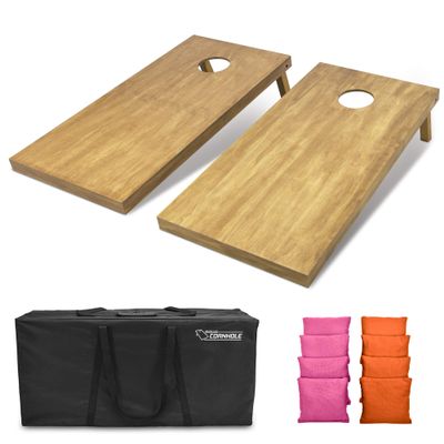 GoSports 4 ft x 2 ft Regulation Size Wooden Cornhole Boards Set with Light Brown Finish - Includes Carrying Case and Bean Bags - Pink & Orange