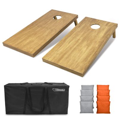 GoSports 4 ft x 2 ft Regulation Size Wooden Cornhole Boards Set with Light Brown Finish - Includes Carrying Case and Bean Bags - Gray & Orange