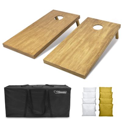 GoSports 4 ft x 2 ft Regulation Size Wooden Cornhole Boards Set with Light Brown Finish - Includes Carrying Case and Bean Bags - White & Gold