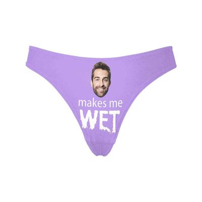 Custom Women's Funny Face Makes Me Wet Purple Thong G-Strings Briefs Shorts Underpants Printed with Photo L