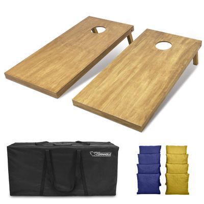 GoSports 4 ft x 2 ft Regulation Size Wooden Cornhole Boards Set with Light Brown Finish - Includes Carrying Case and Bean Bags - Navy Blue & Gold