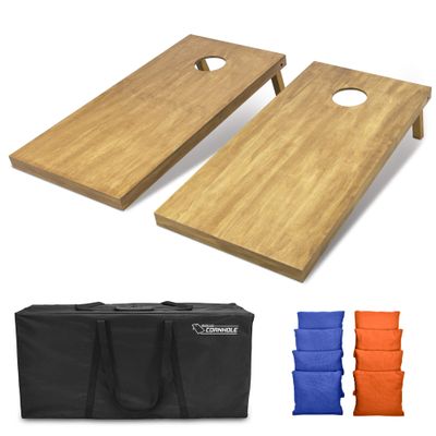 GoSports 4 ft x 2 ft Regulation Size Wooden Cornhole Boards Set with Light Brown Finish - Includes Carrying Case and Bean Bags - Royal Blue & Orange
