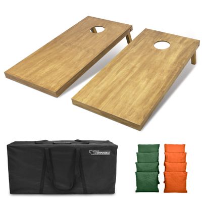 GoSports 4 ft x 2 ft Regulation Size Wooden Cornhole Boards Set with Light Brown Finish - Includes Carrying Case and Bean Bags - Dark Green & Orange