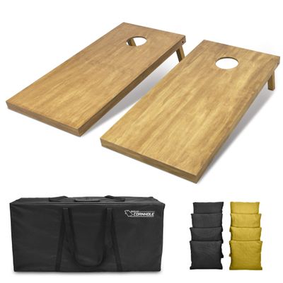 GoSports 4 ft x 2 ft Regulation Size Wooden Cornhole Boards Set with Light Brown Finish - Includes Carrying Case and Bean Bags - Black & Gold