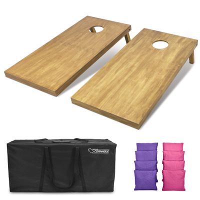 GoSports 4 ft x 2 ft Regulation Size Wooden Cornhole Boards Set with Light Brown Finish - Includes Carrying Case and Bean Bags - Purple & Pink