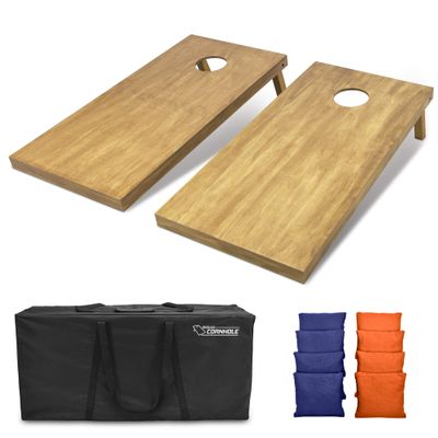 GoSports 4 ft x 2 ft Regulation Size Wooden Cornhole Boards Set with Light Brown Finish - Includes Carrying Case and Bean Bags - Navy Blue & Orange