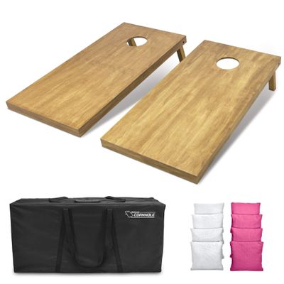 GoSports 4 ft x 2 ft Regulation Size Wooden Cornhole Boards Set with Light Brown Finish - Includes Carrying Case and Bean Bags - White & Pink