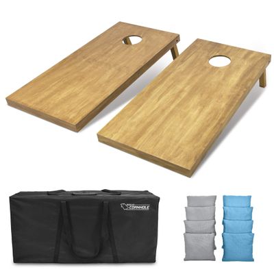 GoSports 4 ft x 2 ft Regulation Size Wooden Cornhole Boards Set with Light Brown Finish - Includes Carrying Case and Bean Bags - Gray & Light Blue