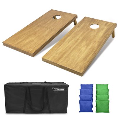 GoSports 4 ft x 2 ft Regulation Size Wooden Cornhole Boards Set with Light Brown Finish - Includes Carrying Case and Bean Bags - Royal Blue & Bright Green