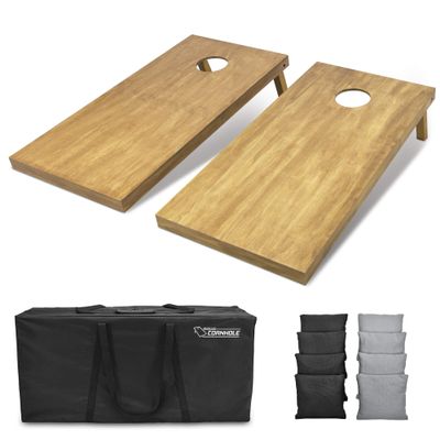 GoSports 4 ft x 2 ft Regulation Size Wooden Cornhole Boards Set with Light Brown Finish - Includes Carrying Case and Bean Bags - Black & Gray