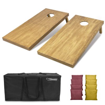 GoSports 4 ft x 2 ft Regulation Size Wooden Cornhole Boards Set with Light Brown Finish - Includes Carrying Case and Bean Bags - Burgundy & Gold