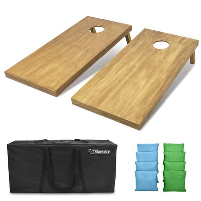 GoSports 4 ft x 2 ft Regulation Size Wooden Cornhole Boards Set with Light Brown Finish - Includes Carrying Case and Bean Bags - Light Blue & Bright Green