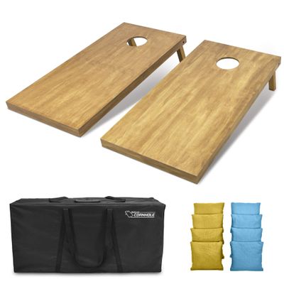 GoSports 4 ft x 2 ft Regulation Size Wooden Cornhole Boards Set with Light Brown Finish - Includes Carrying Case and Bean Bags - Gold & Light Blue