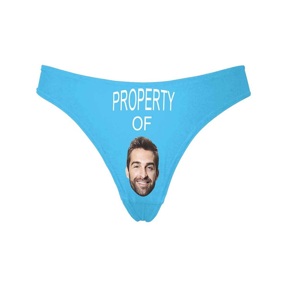 Custom Women's Funny Face Property of Blue Thong G-Strings Briefs Underpants Printed with Photo XS